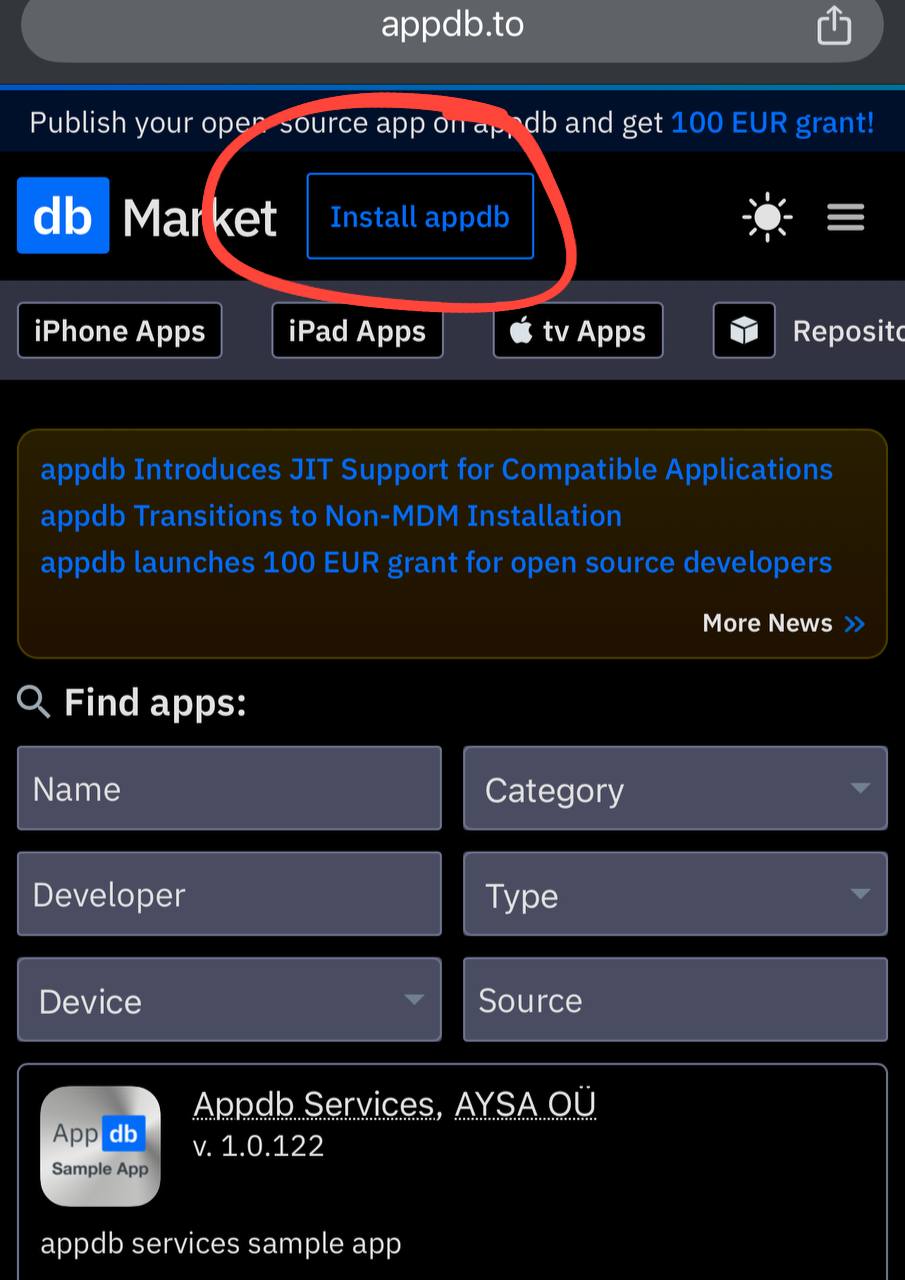 Кнопка установки AppDB